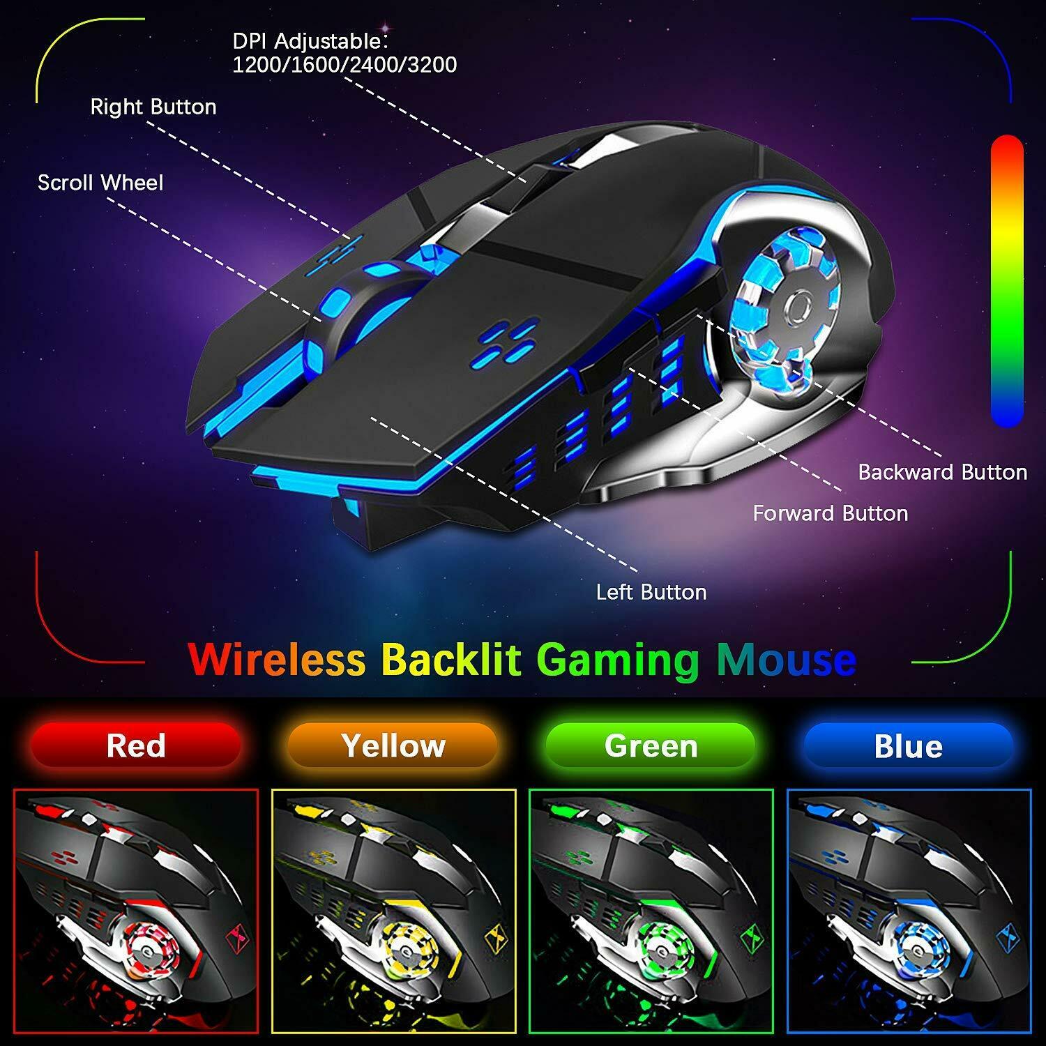 Wireless Gaming Keyboard & Mouse Combo - RGB LED Backlit with Rechargeable Battery