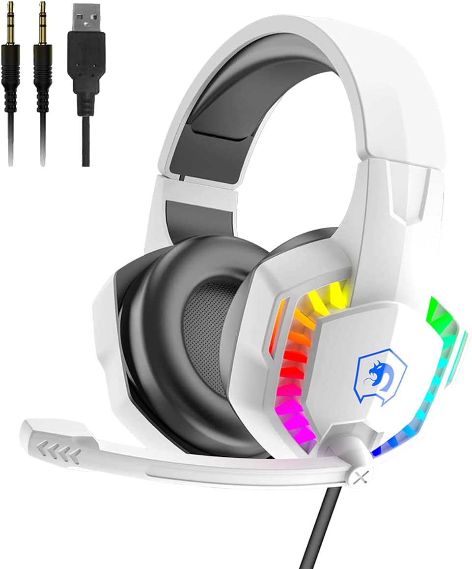 Wired Gaming Headset with Rainbow RGB Backlight Retractable Mic & Stereo Sound