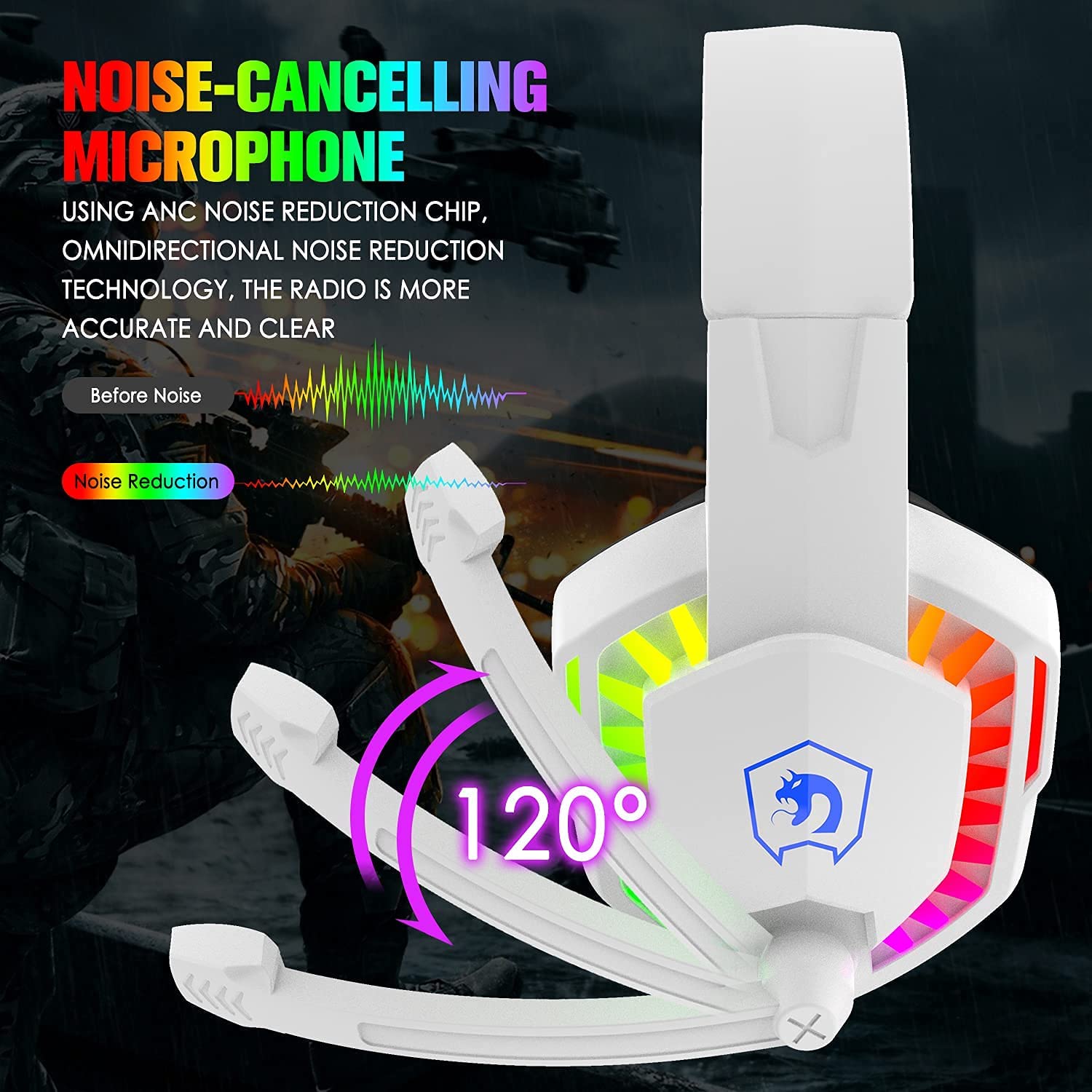 Wired Gaming Headset with Rainbow RGB Backlight Retractable Mic & Stereo Sound