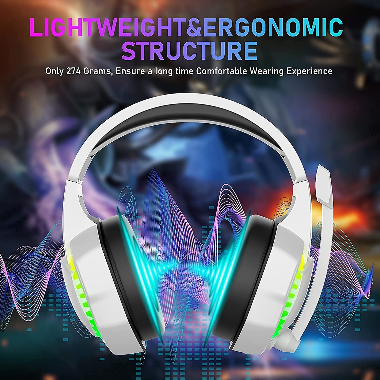 Wired Gaming Headset with Rainbow RGB Backlight Retractable Mic & Stereo Sound