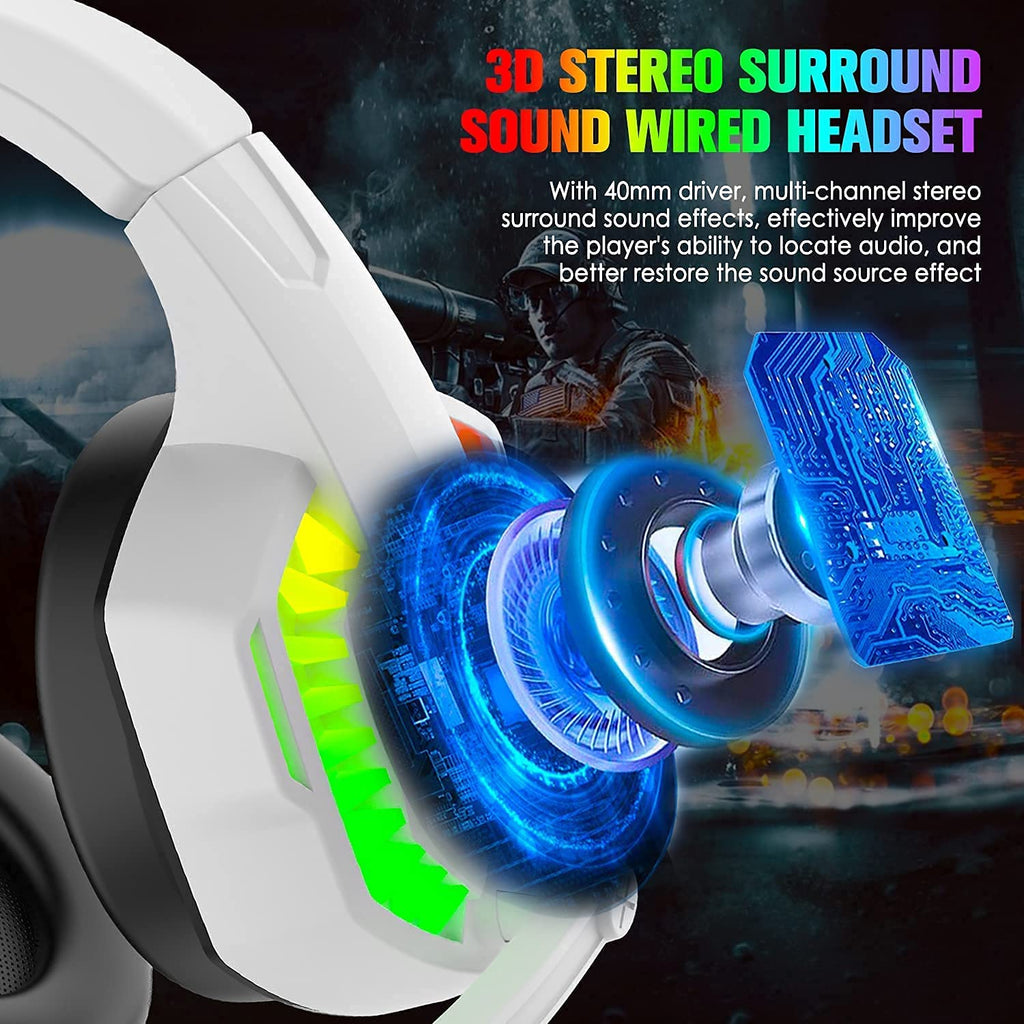 Wired Gaming Headset with Rainbow RGB Backlight Retractable Mic & Stereo Sound