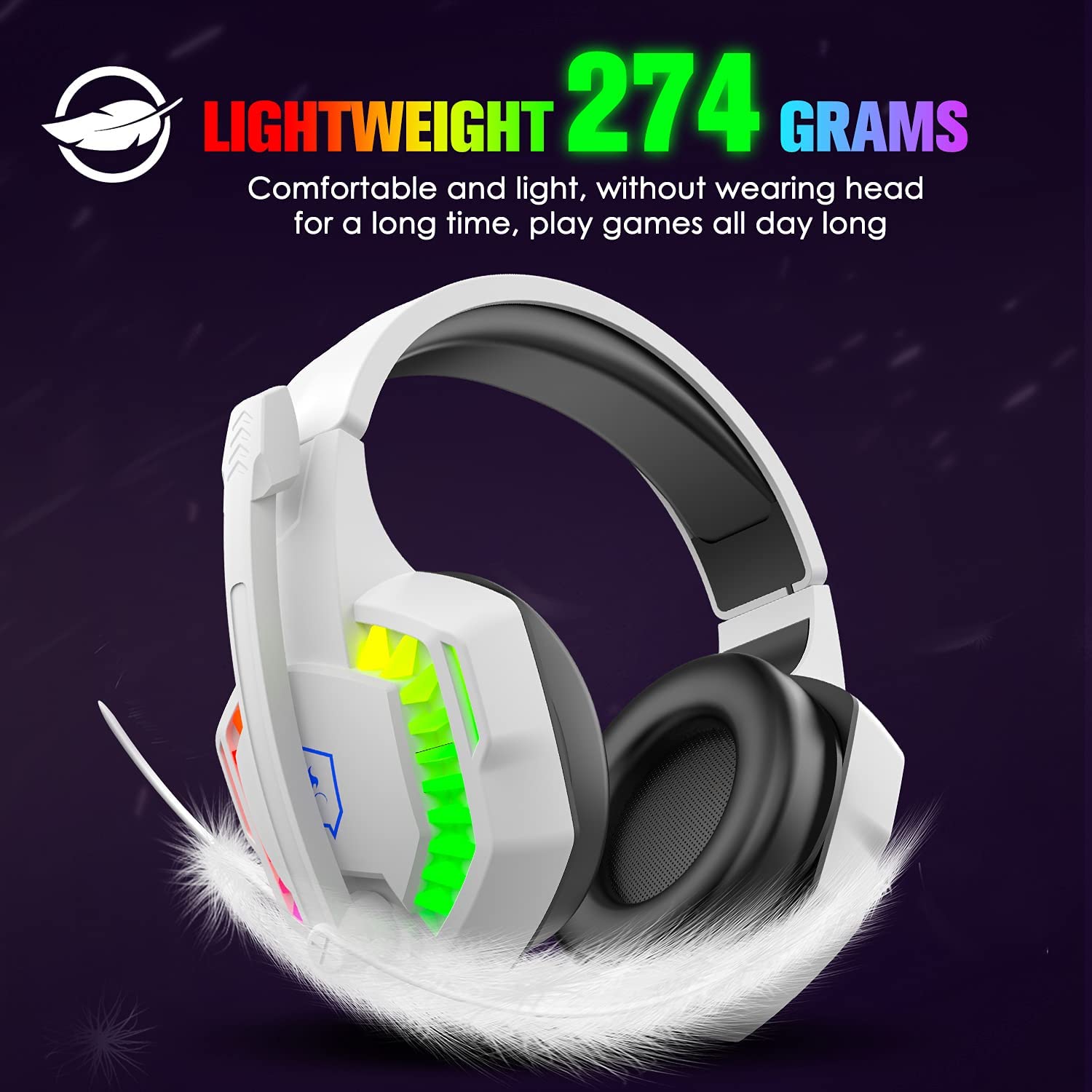 Wired Gaming Headset with Rainbow RGB Backlight Retractable Mic & Stereo Sound