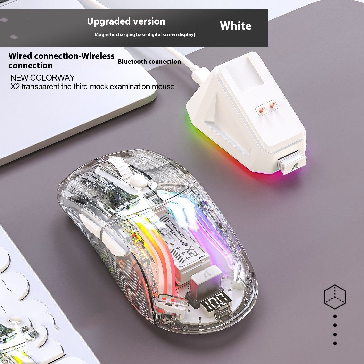 X2PRO Transparent Tri-Mode Wireless Gaming Mouse – RGB Lighting, LED Display, Bluetooth / 2.4GHz / Wired